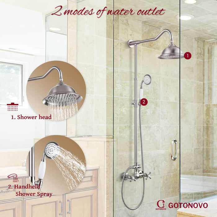 gotonovo Exposed Shower Faucet System 8inch Rain Shower Double Knobs Cross Handle Dual Function Shower Fixture Combo Unit Set