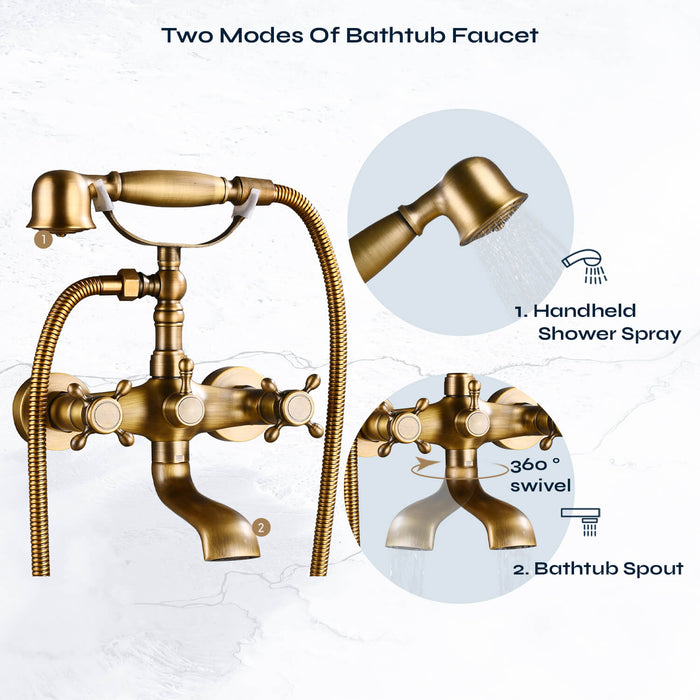 gotonovo Wall Mount Bathroom Bathtub Faucet Set Vintage with Hand Held Shower Spray Double Cross Handle 2 Functions 360 Swivel Mixer Tub Spout