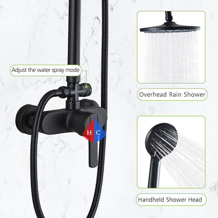 Gotonovo Matte Black Exposed Shower System 8 Inch ABS Round Rainfall Shower Head with ABS Handheld Sprayer Adjustable Slide Bar Hand Spray Wall Mount Set