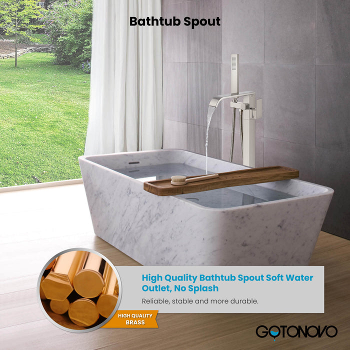 Gotonovo Waterfall Freestanding Bathtub Faucet Floor Mount Tub Filler Single Handle Brass Tap with Hand Shower and 360 Degree Swivel Spout