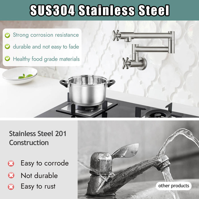 gotonovo Pot Filler Kitchen Faucet Stainless Steel SUS304 Two Cross Handle Single Hole Spout Wall Mounted Stretchable Swing Arm Commercial Kitchen Sink Faucet Control Water