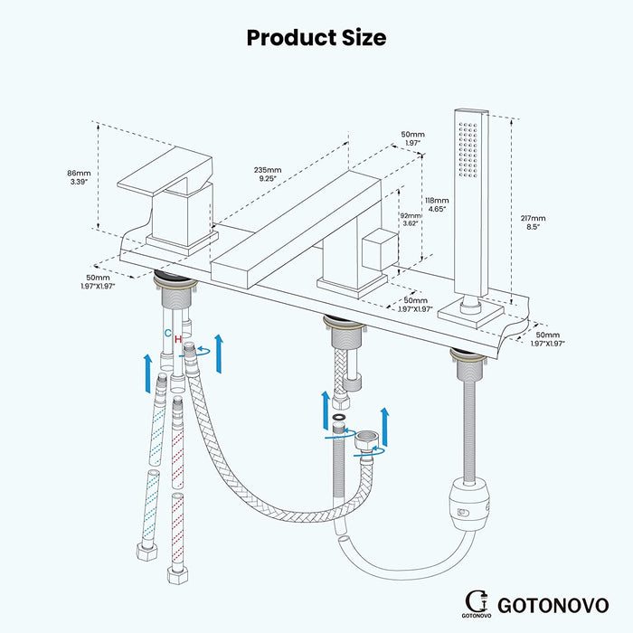 gotonovo Deck Mount Roman Tub Filler Faucet 3-Hole Single Handle Widespread Bathtub Faucet with Handheld Shower Bathroom Tub Faucet Set