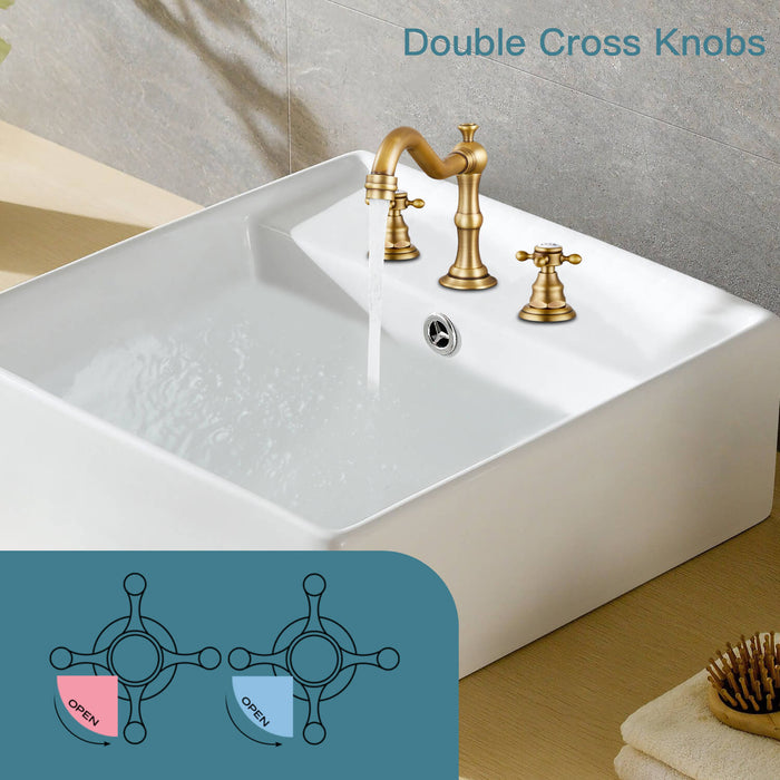 gotonovo Bathroom Sink Faucet Deck Mount Widespread Double Mixing Tap Cross Knobs 3 Hole with Pop Up Drain