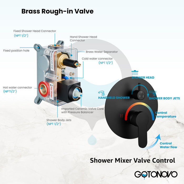 Gotonovo Rain Shower Combo Set Ceiling Mounted Matte Black 12-inch Round Rain Shower Head with Body Spray Jets and Brass Handheld Shower Pressure Balance Rough-in Valve and Trim Included