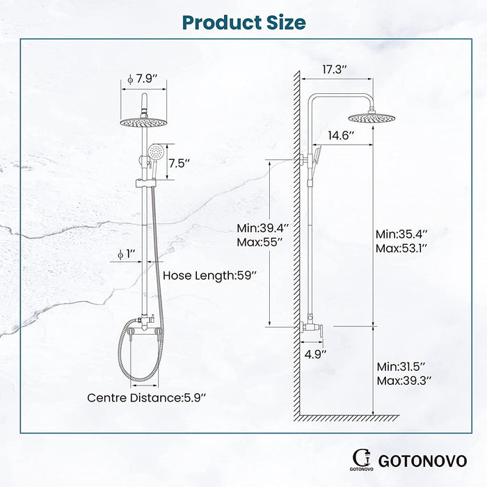 gotonovo Outdoor Shower Fixture System Combo Set Rainfall Lever Handle High Pressure Round Hand Spray Wall Mount Dual Function SUS304