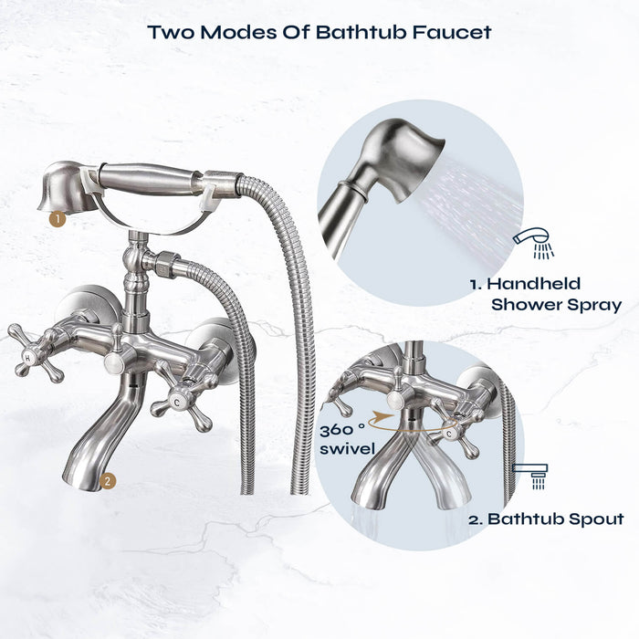 gotonovo Wall Mount Bathroom Bathtub Faucet Set Vintage with Hand Held Shower Spray Double Cross Handle 2 Functions 360 Swivel Mixer Tub Spout