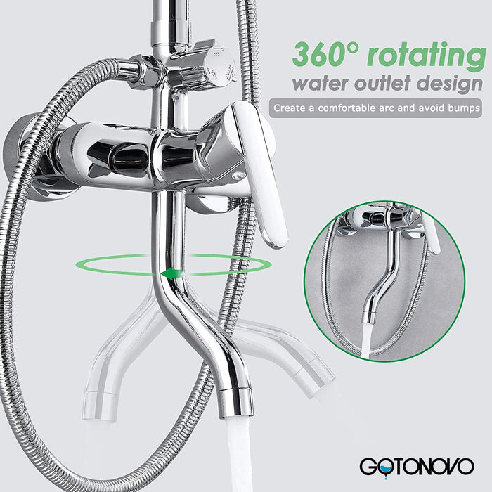 Gotonovo Zichtbaar douchesysteem Polish Chrome Douchekraan Set 8 Inch Regendouche Ronde Badkamer Douchearmatuur met ABS Handsproeier Verstelbare schuifbalk Baduitloop Wandmontage Complete set 