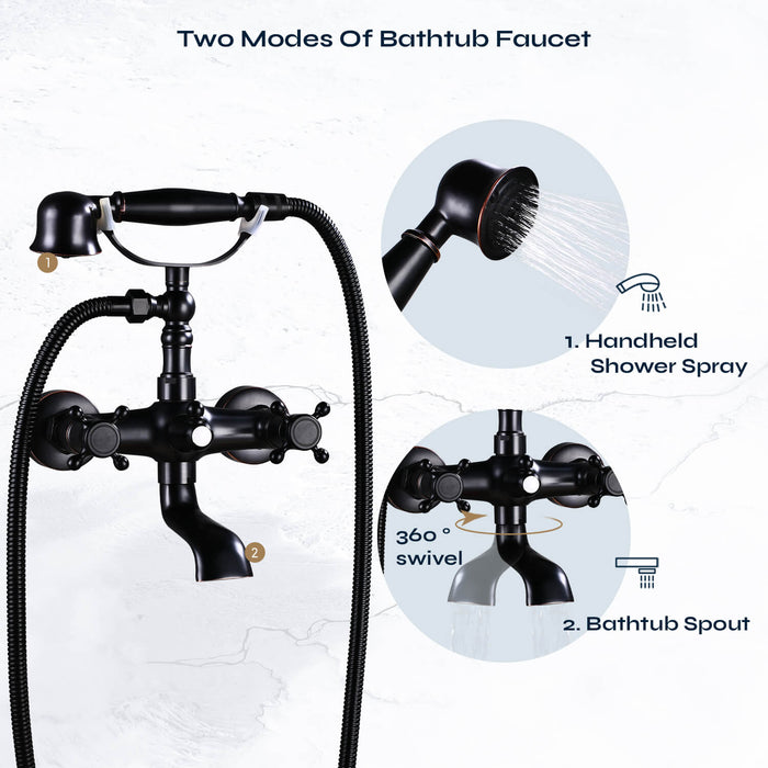 gotonovo Wall Mount Bathroom Bathtub Faucet Set Vintage with Hand Held Shower Spray Double Cross Handle 2 Functions 360 Swivel Mixer Tub Spout