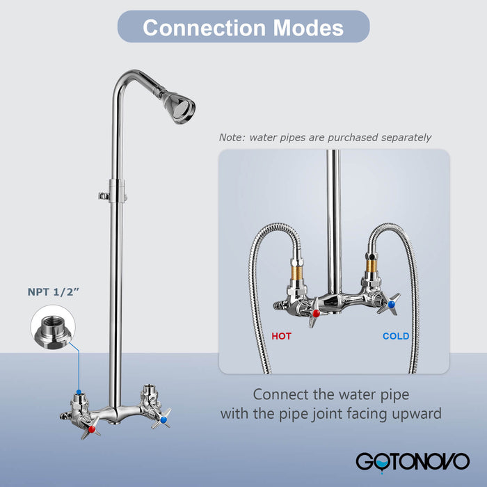 gotonovo Outdoor Shower Faucet Set Double Cross Handles Exposed Shower System Rainfall Shower Head Wall Mount Shower Fixture Kit Brass Mix Valve