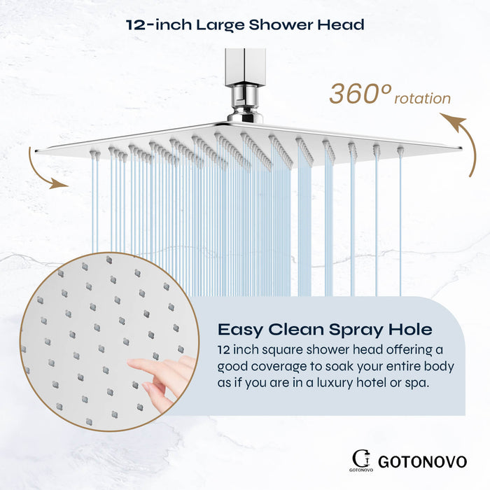 gotonovo Rain Shower System Ceiling Mount 12 Inch Shower Head with Handheld Spray Luxury High Pressure Shower Combo Set Rough-in Valve and Shower Trim Included Dual Function