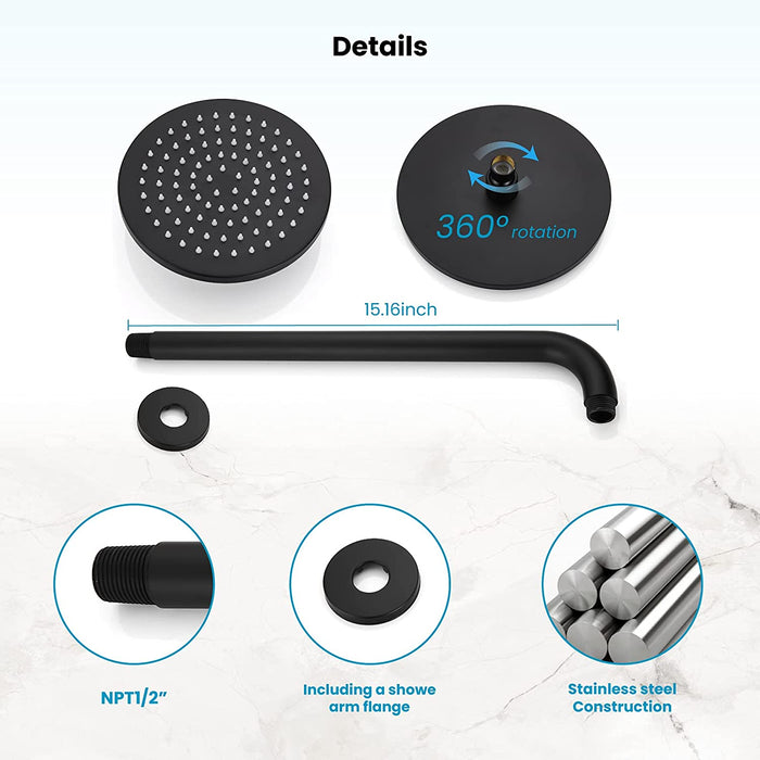 gotonovo Matte Black Shower Faucet Set Complete 8 inch Round Thicken Rain Shower Head Single Function Wall Mounted Shower Trim Kit Pressure Balance Shower System Rough-in Valve and Trim Included