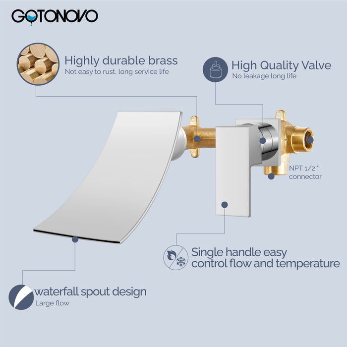 gotonovo Tub Filler Bathtub Faucet Wall Mount with Waterfall Tub Spout Single Handle Bathroom Mixer Tap Brass Rough-in Valve Included