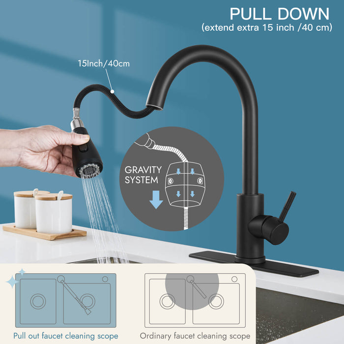 gotonovo Pull Out Kitchen Sink Faucet with Sprayer Matte Black Single Level Handle Cold and Hot with Deck Plate Single Hole Stainless Steel Commercial Modern Laundry Bar Pull Down Mixer Tap