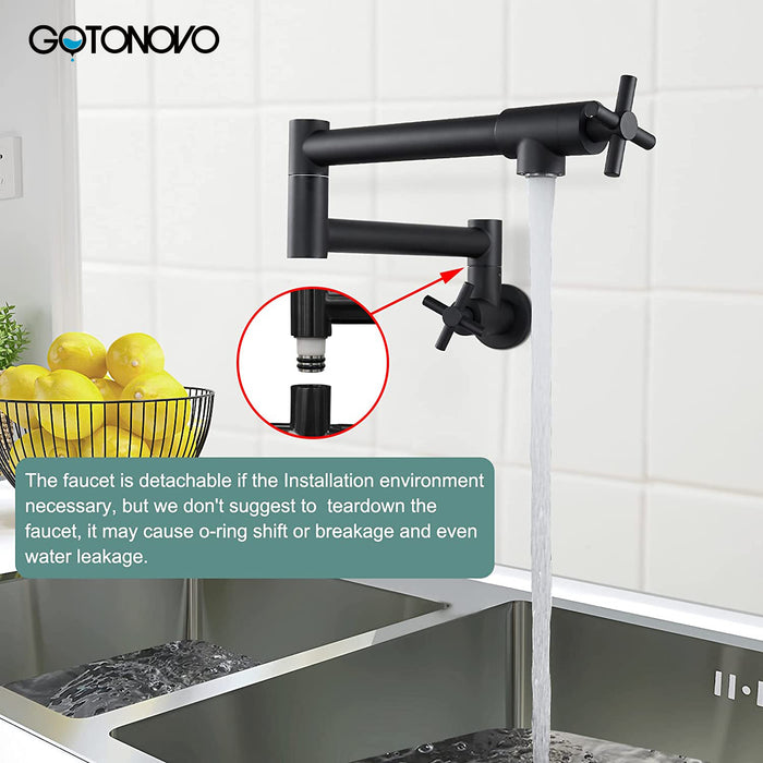 gotonovo Pot Filler Kitchen Faucet Stainless Steel SUS304 Two Cross Handle Single Hole Spout Wall Mounted Stretchable Swing Arm Commercial Kitchen Sink Faucet Control Water