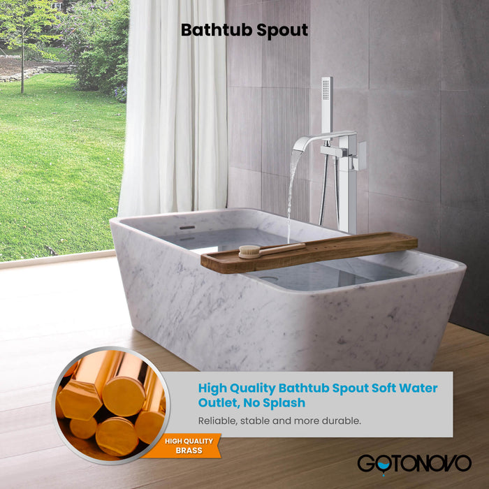 Gotonovo Waterfall Freestanding Bathtub Faucet Floor Mount Tub Filler Single Handle Brass Tap with Hand Shower and 360 Degree Swivel Spout
