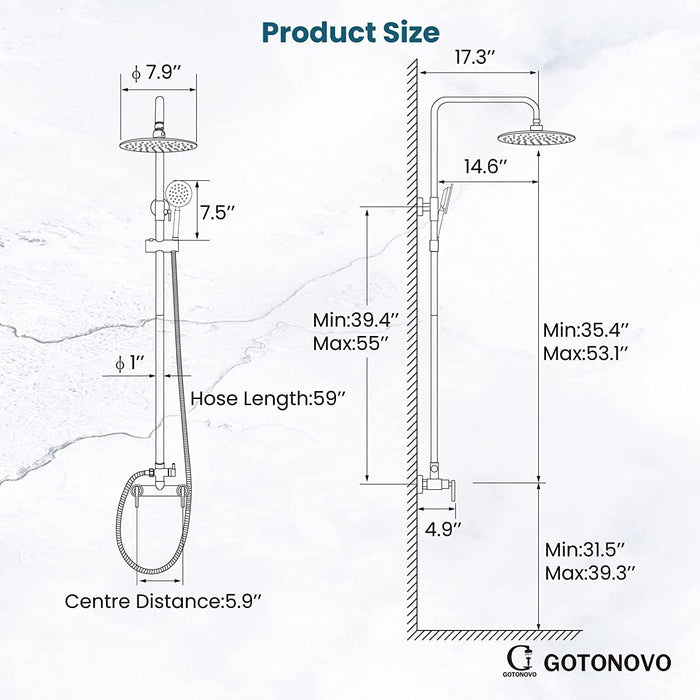 gotonovo Outdoor Shower Fixture System Combo Set Rainfall Lever Handle High Pressure Round Hand Spray Wall Mount Dual Function SUS304