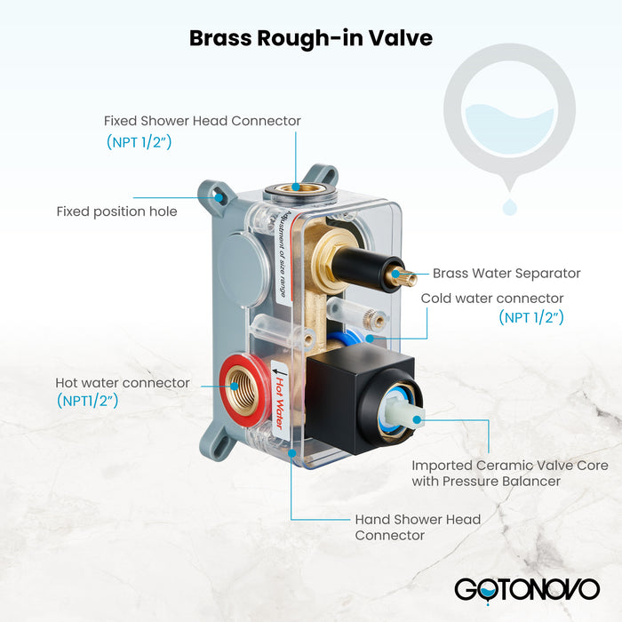 Gotonovo Rain Shower Combo Set Square Shower head SUS304 Stainless Steel Shower Trim Kit 2 in 1 Cylindrical Handheld shower with Rough-in Valve