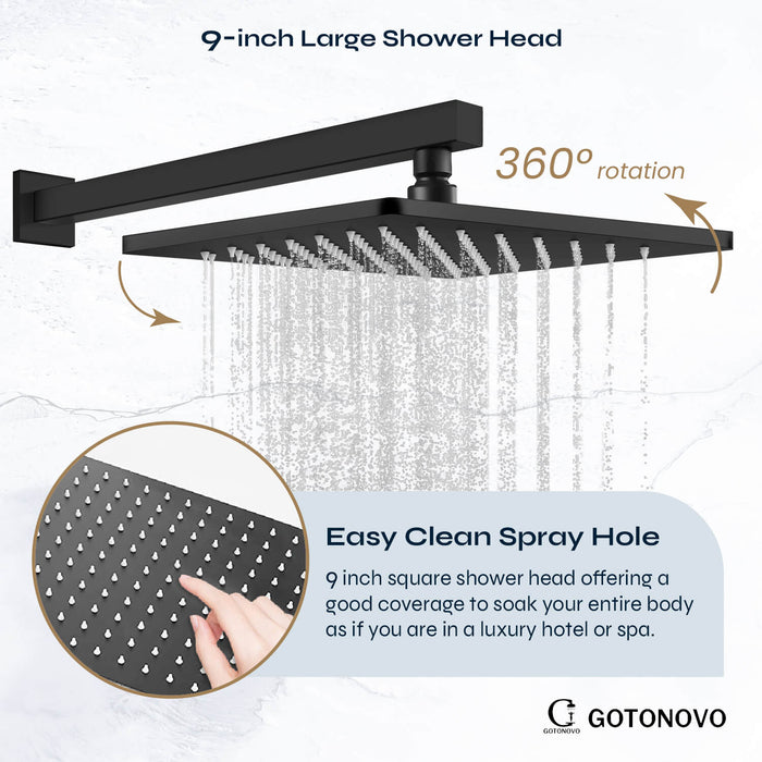 gotonovo Matte Black Shower System 3 Function Mixer Shower Tub Combo Set 9 Inch Wall Mounted Rainfall Shower Head ABS Handheld Shower Bathroom Luxury Rain Rough-in Valve and Trim Kit with Tub Spout