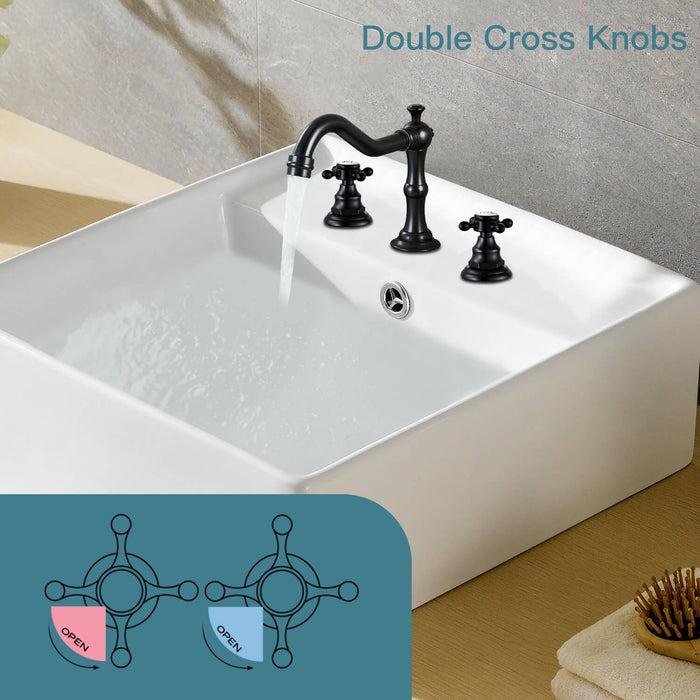 gotonovo Bathroom Sink Faucet Deck Mount Widespread Double Mixing Tap Cross Knobs 3 Hole with Pop Up Drain