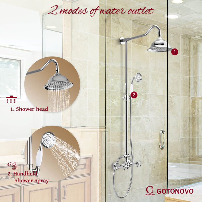 gotonovo Exposed Shower Faucet System 8inch Rain Shower Double Knobs Cross Handle Dual Function Shower Fixture Combo Unit Set