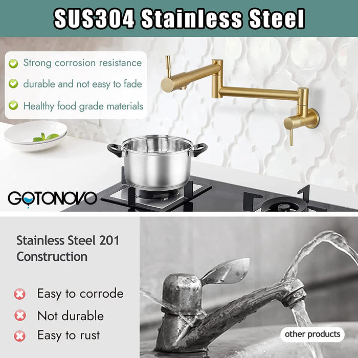 gotonovo Pot Filler Faucet Folding Stretchable Wall Mount Kitchen Restaurant Sink Faucet SUS304 Stainless Steel with Double Joint Swing Arm Single Hole Two Handles Commercial NPT