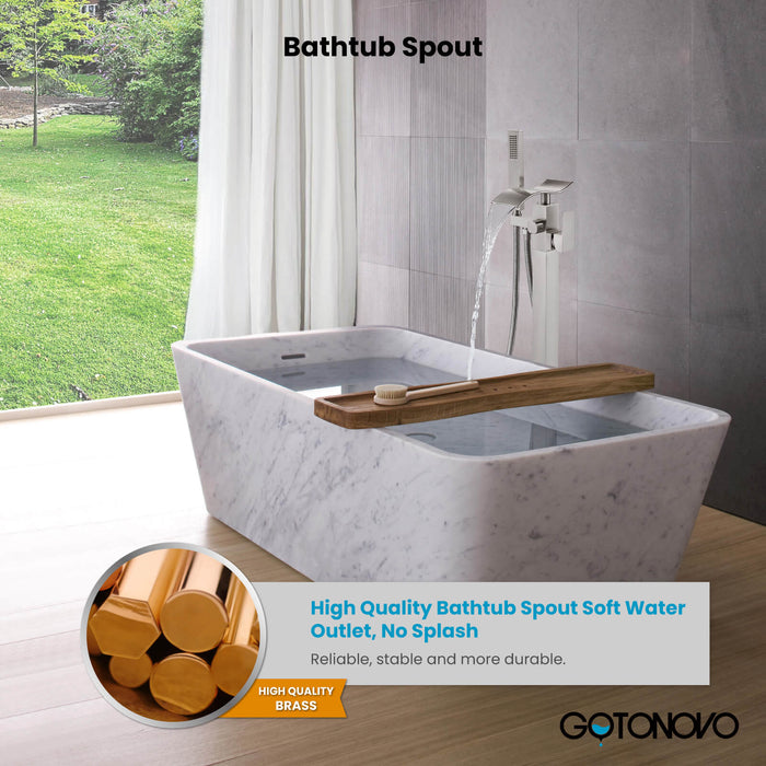 gotonovo Freestanding Bathtub Faucet Floor Mount Waterfall Tub Filler Brass Tap with Hand Shower and 360 Degree Swivel Spout Single Handle