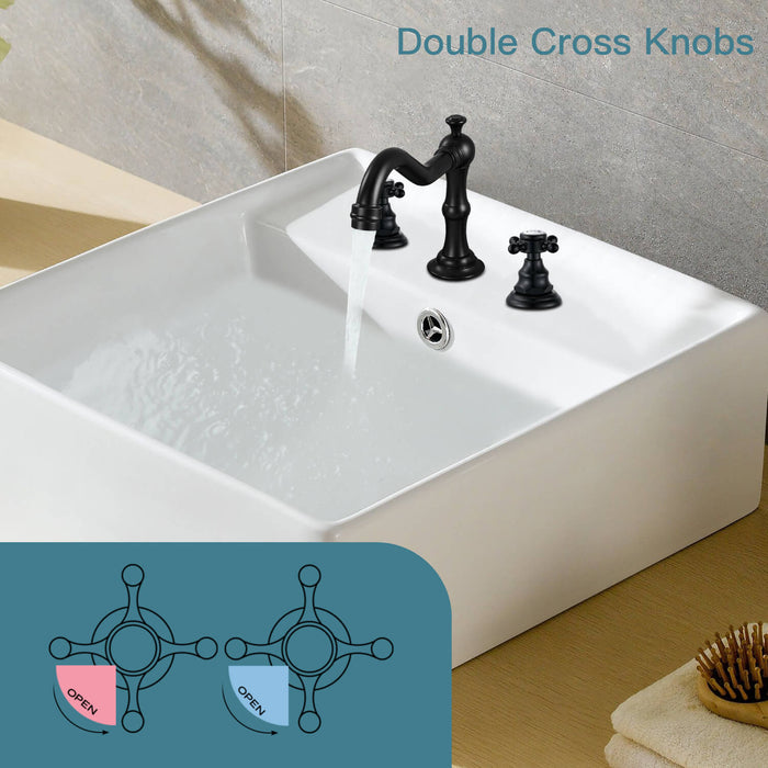 gotonovo Bathroom Sink Faucet Deck Mount Widespread Double Mixing Tap Cross Knobs 3 Hole with Pop Up Drain