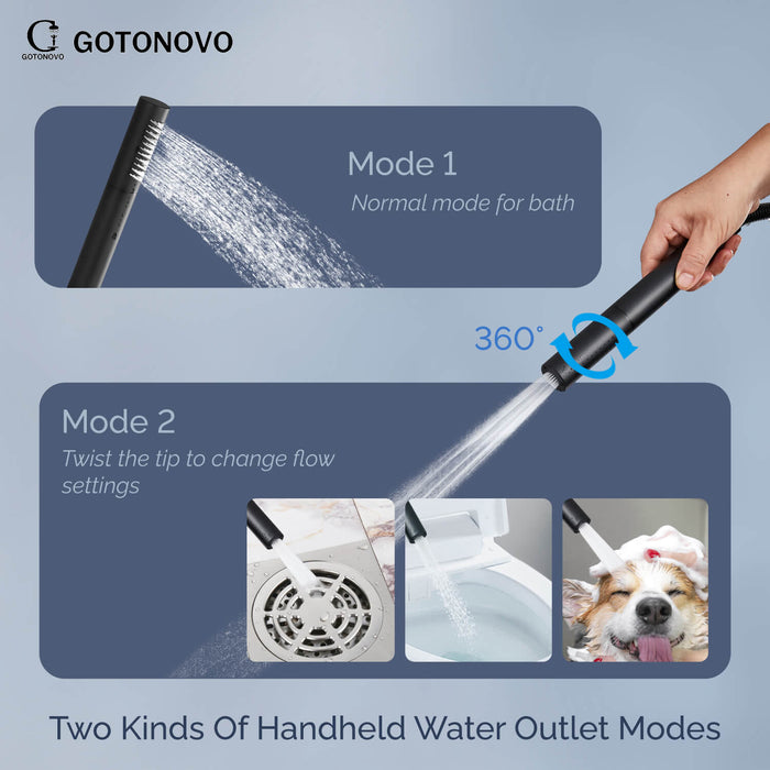 Gotonovo Freestanding Bathtub Faucet Solid Brass Black Floor Mount Tub Filler with Two Function Handheld 360 Degree Swivel Standing High Flow Spout Mixer Taps