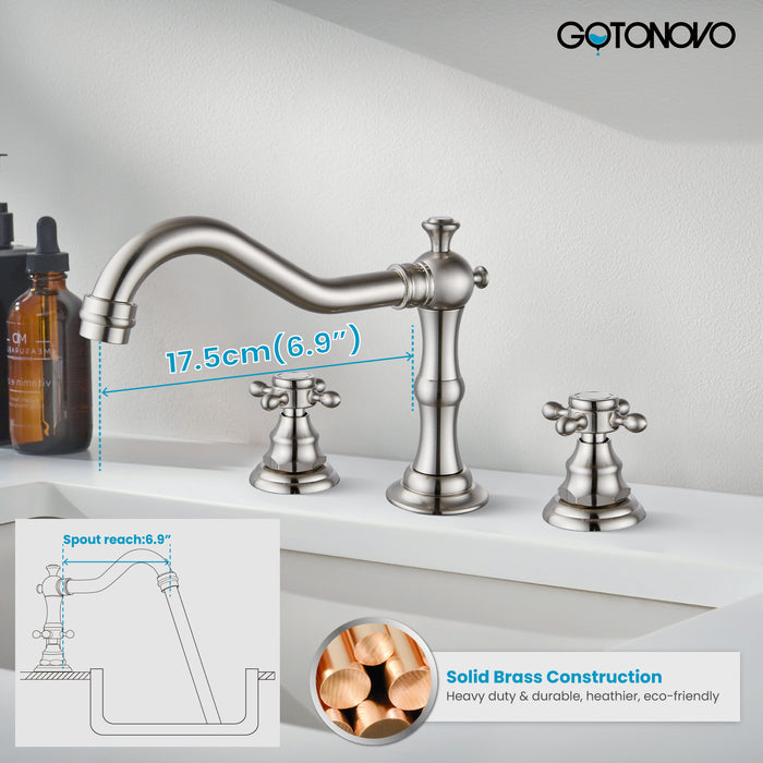 Gotonovo Victorian Widespread Three Holes Deck Mounted Bathroom Sink Faucet with Pop Up Drain with Overflow