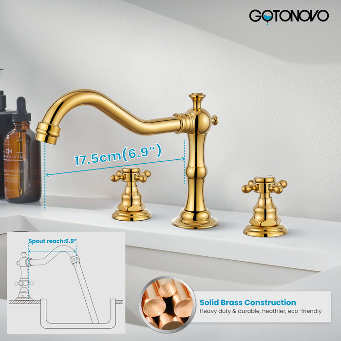 Gotonovo Victorian Widespread Three Holes Deck Mounted Bathroom Sink Faucet with Pop Up Drain with Overflow