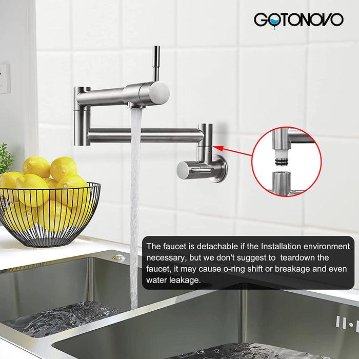 gotonovo Pot Filler Faucet Folding Stretchable Wall Mount Kitchen Restaurant Sink Faucet SUS304 Stainless Steel with Double Joint Swing Arm Single Hole Two Handles Commercial NPT