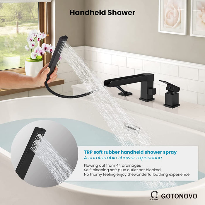 Gotonovo Waterval Romeinse badkuipkraan Tub Filler 3-gats dekmontage Enkele handgreep Wijdverspreide badkuipkraan met handdouche Badkamerkraan