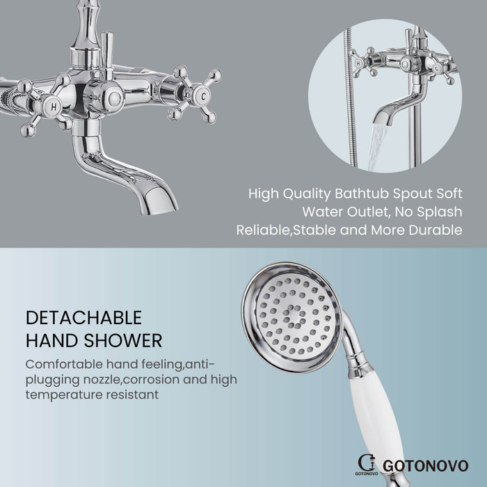 gotonovo Freestanding Bathtub Faucet Floor Mount Tub Filler Double Cross Knobs Bathroom Mixing Tap with Handheld Shower Telephone Shape