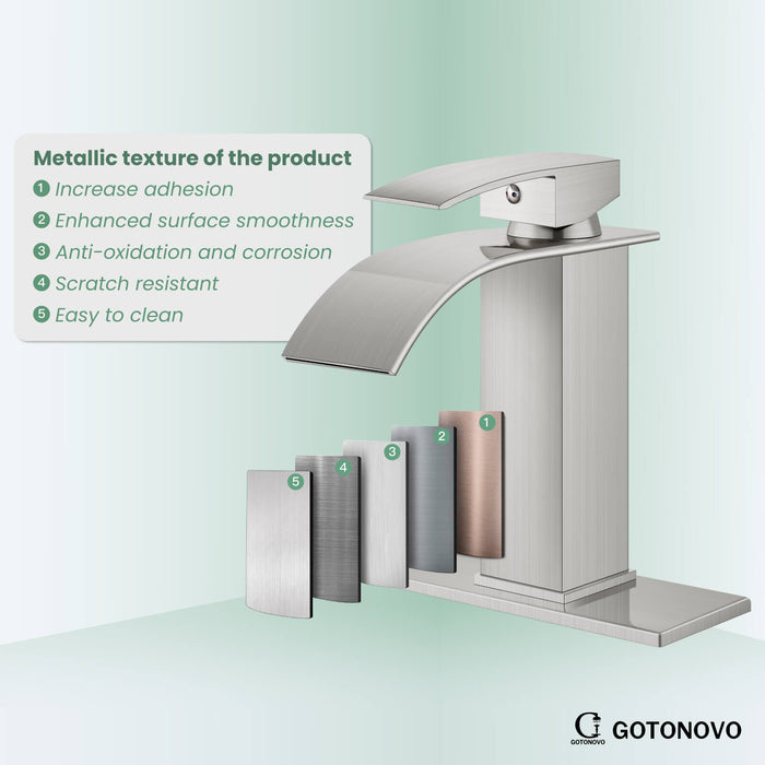 gotonovo Waterfall Bathroom Sink Faucet Deck Mount 304 Stainless Steel 1 Hole Single Handle Hot and Cold Mixer Tap(2 styles-without Pop Up Drain & with Pop Up Drain)