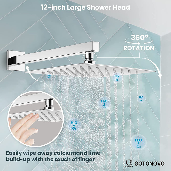 gotonovo Polish Chrome Shower System with Tub Spout Mixer Shower Tub Combo Set 12 Inch 3 Function Wall Mounted Rainfall Shower Head with Handheld Shower Bathroom Luxury Rain Rough-in Valve