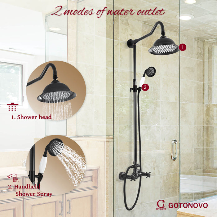 gotonovo Exposed Shower Faucet System 8inch Rain Shower Double Knobs Cross Handle Dual Function Shower Fixture Combo Unit Set