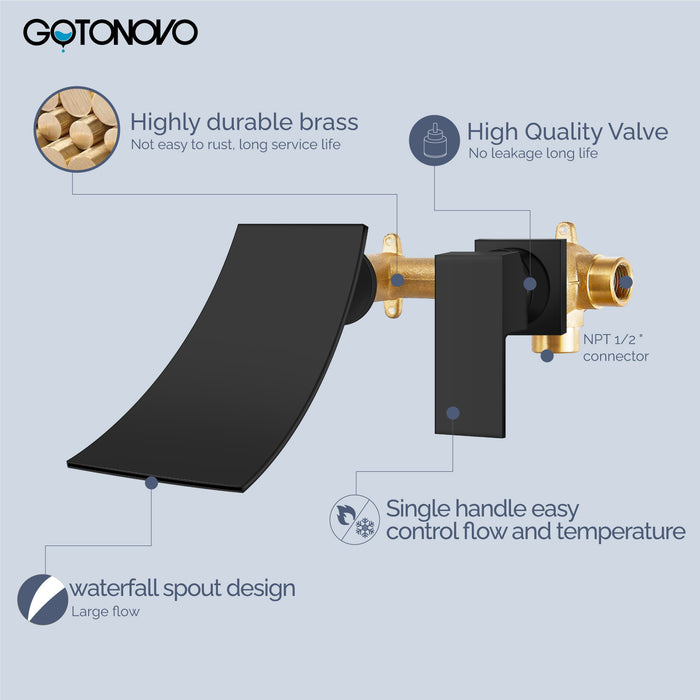 gotonovo Tub Filler Bathtub Faucet Wall Mount with Waterfall Tub Spout Single Handle Bathroom Mixer Tap Brass Rough-in Valve Included