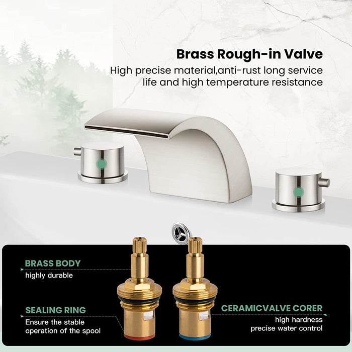 Waterfall Widespread 3 Holes Bathroom Sink Faucet Deck Mounted 8-16 Inch Double Handles Commercial with Pop Up Drain