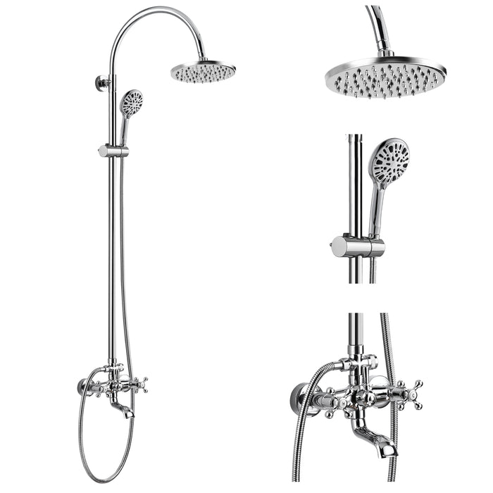gotonovo Exposed Shower System 8 Inch 3-Function Rain Shower 2 Cross Handle Shower Fixture with 8-Mode High Pressure ABS Handheld Sprayer with Height Adjustable Slide Bar Shower Fixture