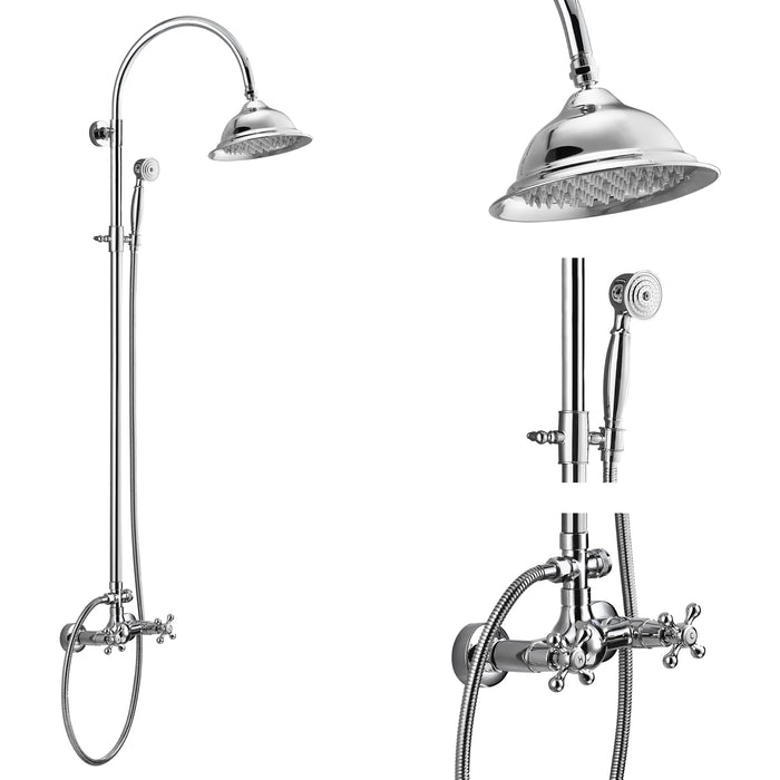 gotonovo Vintage Exposed Shower Faucet 8 inch Rainfall Shower Head Wall Mounted Double Cross Handles Handheld Sprayer Shower Shower System