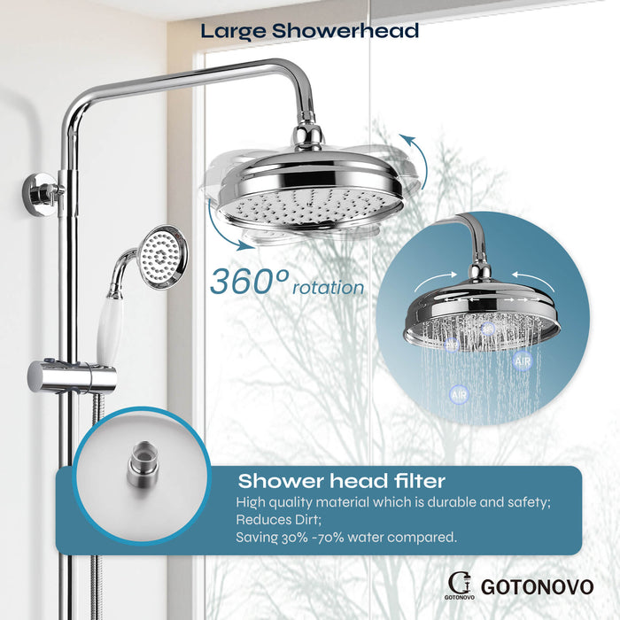 gotonovo Exposed Shower System Combo Set 8inch Rainfall Shower Head and Handheld Spray Double Knobs Cross Handle Dual Function Bathroom Shower Faucet Set