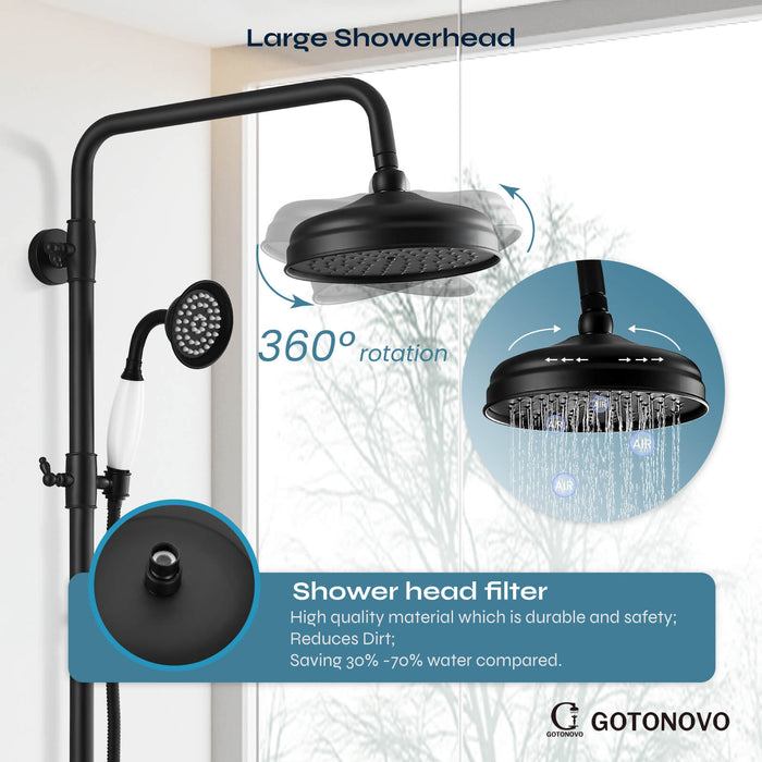 gotonovo Exposed Shower System Combo Set 8inch Rainfall Shower Head and Handheld Spray Double Knobs Cross Handle Dual Function Bathroom Shower Faucet Set