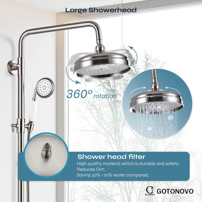 gotonovo Exposed Shower System Combo Set 8inch Rainfall Shower Head and Handheld Spray Double Knobs Cross Handle Dual Function Bathroom Shower Faucet Set