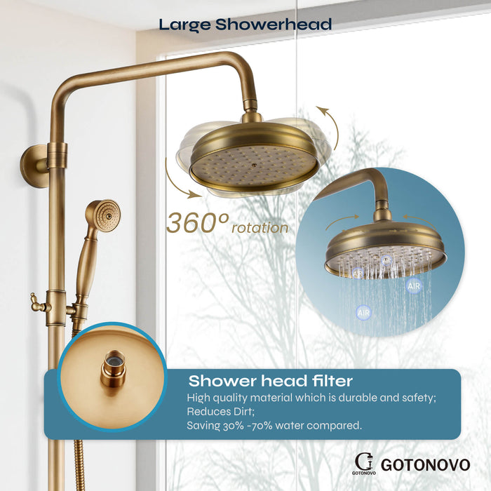 gotonovo Exposed Shower Fixture Set 8inch Rain Shower Head Double Knobs Cross Handle Dual Function Shower Faucet Combo Set