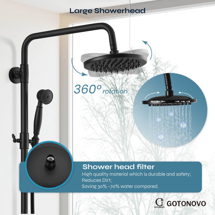 gotonovo Matte Black Exposed Shower Faucet Fixture Set 8inch Rain Shower Single Handle Triple Function Tub Spout Shower Fixture Combo System Unit Set