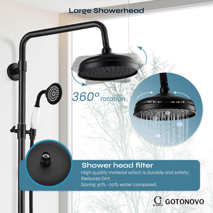 gotonovo Exposed Shower System Combo Set 8inch Rainfall Shower Head and Handheld Spray Double Knobs Cross Handle Dual Function Bathroom Shower Faucet Set