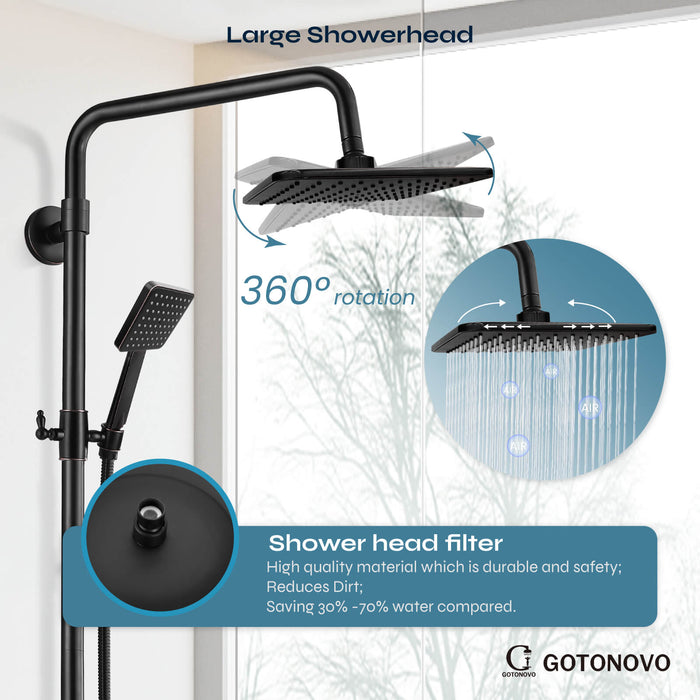 Gotonovo Olie Gewreven Gebronsde Blootgestelde Douchearmatuur Systeemset Combo met ABS Handdouche 8 inch Vierkante Douchekop Dubbele Knoppen Kruisgreep 2 Functie Buitendouche Kraan Unit Set 