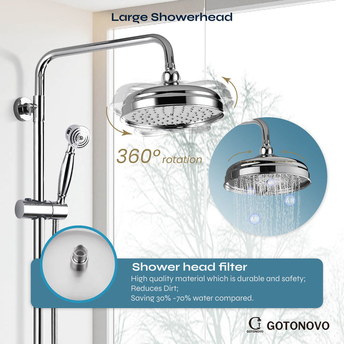 gotonovo Exposed Shower Fixture Set 8inch Rain Shower Head Double Knobs Cross Handle Dual Function Shower Faucet Combo Set