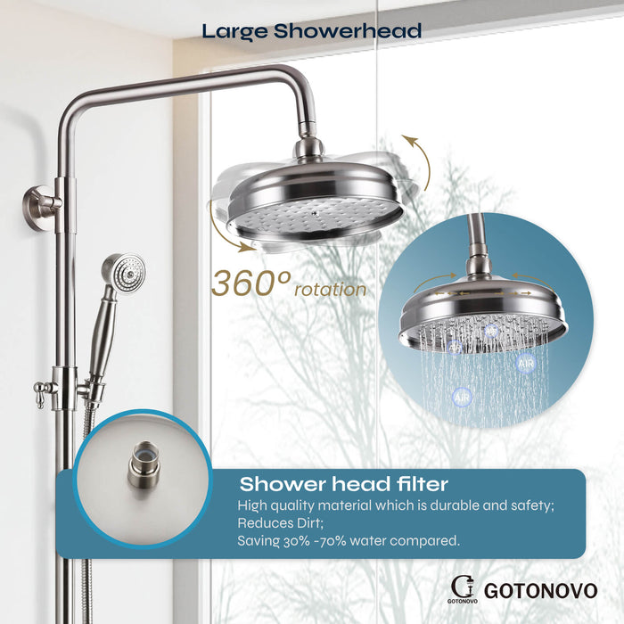 gotonovo Exposed Shower Fixture Set 8inch Rain Shower Head Double Knobs Cross Handle Dual Function Shower Faucet Combo Set