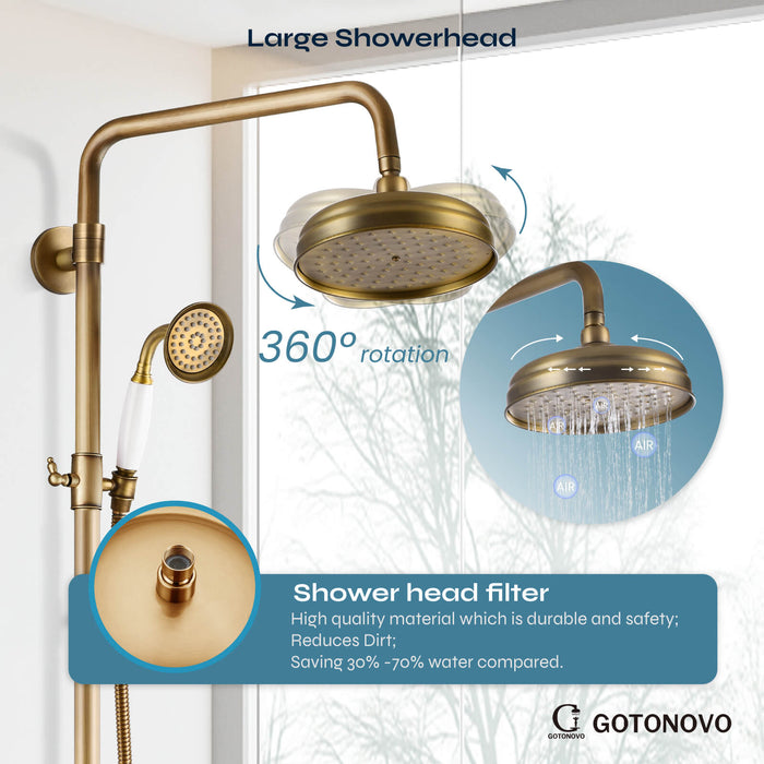 gotonovo Exposed Shower System Combo Set 8inch Rainfall Shower Head and Handheld Spray Double Knobs Cross Handle Dual Function Bathroom Shower Faucet Set